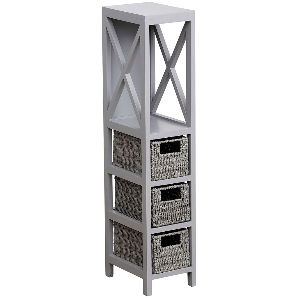 Meuble de rangement paulownia 3 paniers gris 17x82x24cm