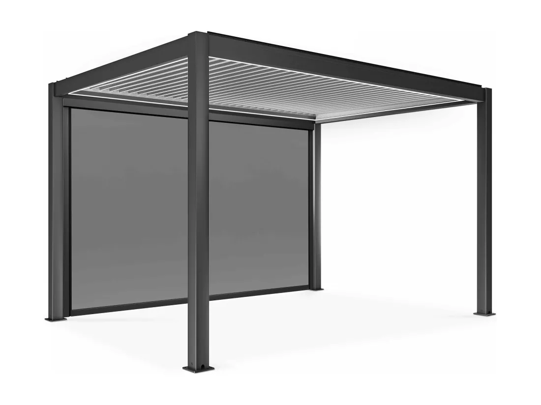 Pergola bioclimatique autoportée motorisée et éclairée 3x4m et 1 store