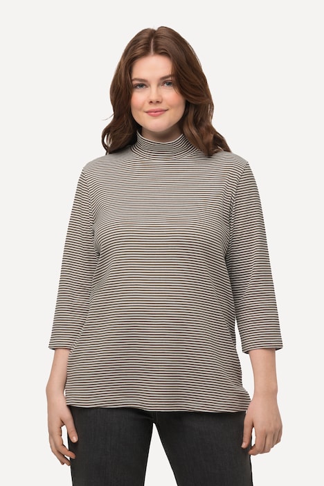 Shirt, Ringel, Stehkragen, Slim, 3/4-Arm, Biobaumwolle