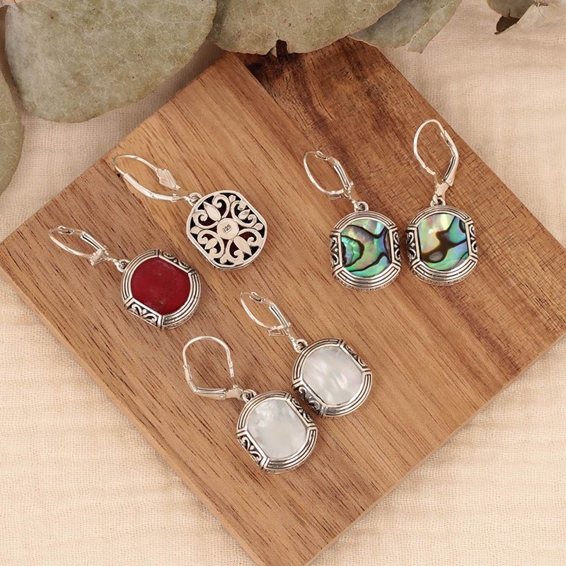 Boucles d'oreille ADEN Ethnique Nacre Abalone Sertie Argent