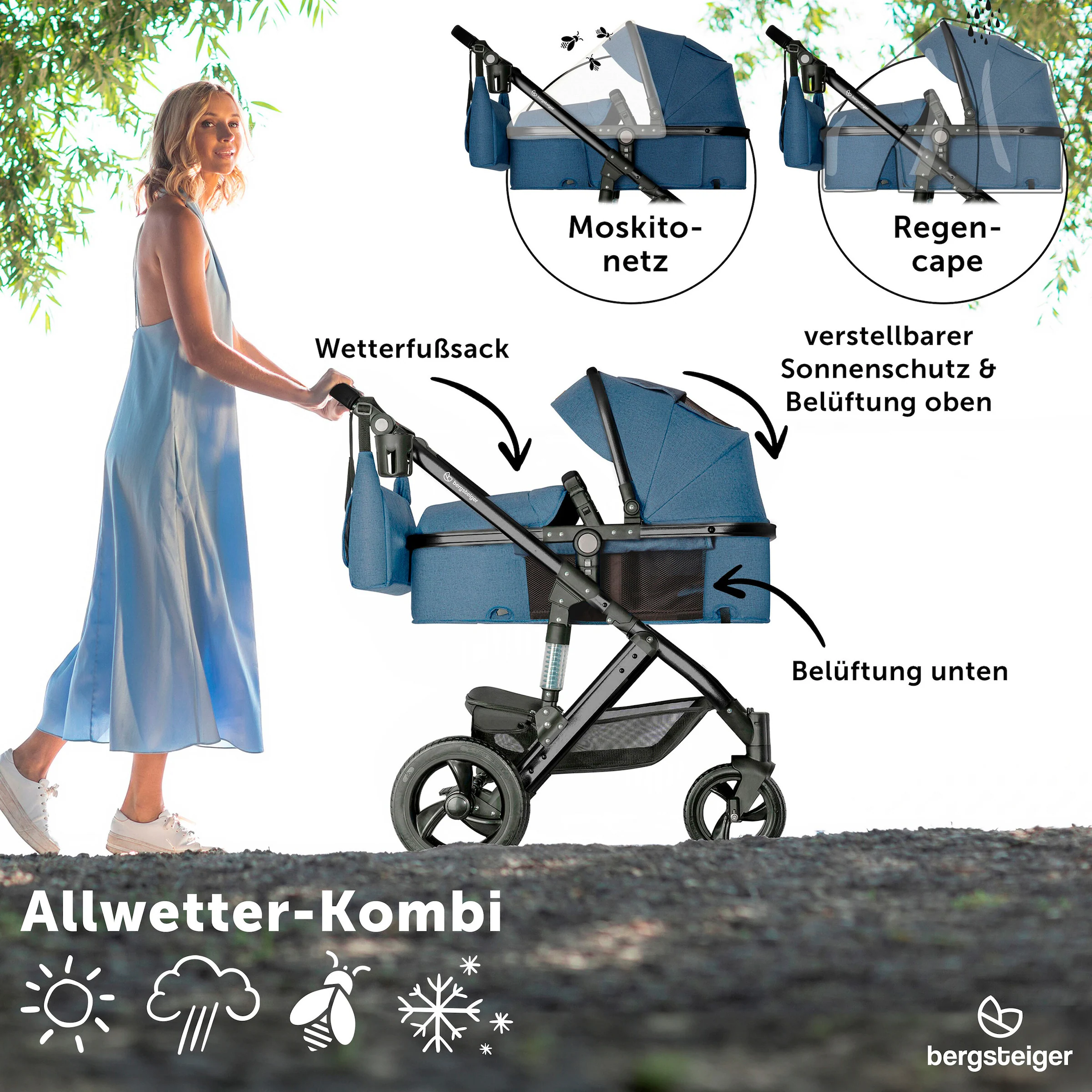 Bergsteiger Kinderwagen Nizza + Babyschale blue | Gestell: black