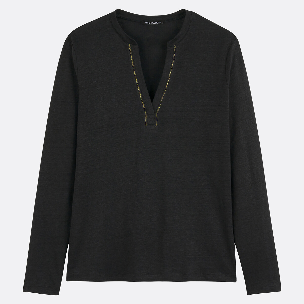 ANNE WEYBURN<br>Camiseta de linho, gola túnica, mangas compridas