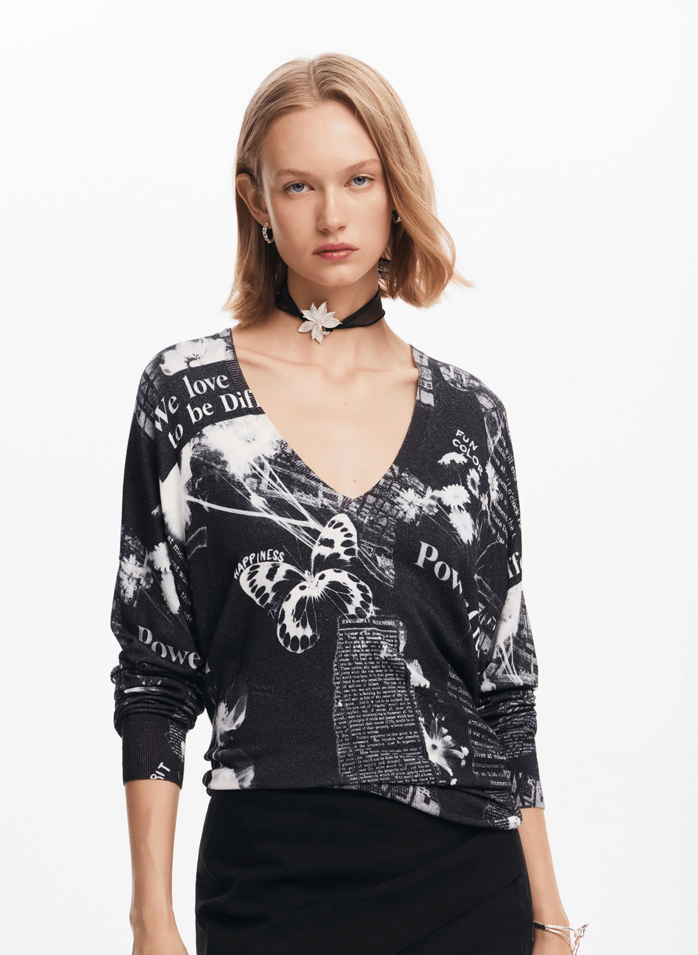 Pull ample en maille imprimée| Noir