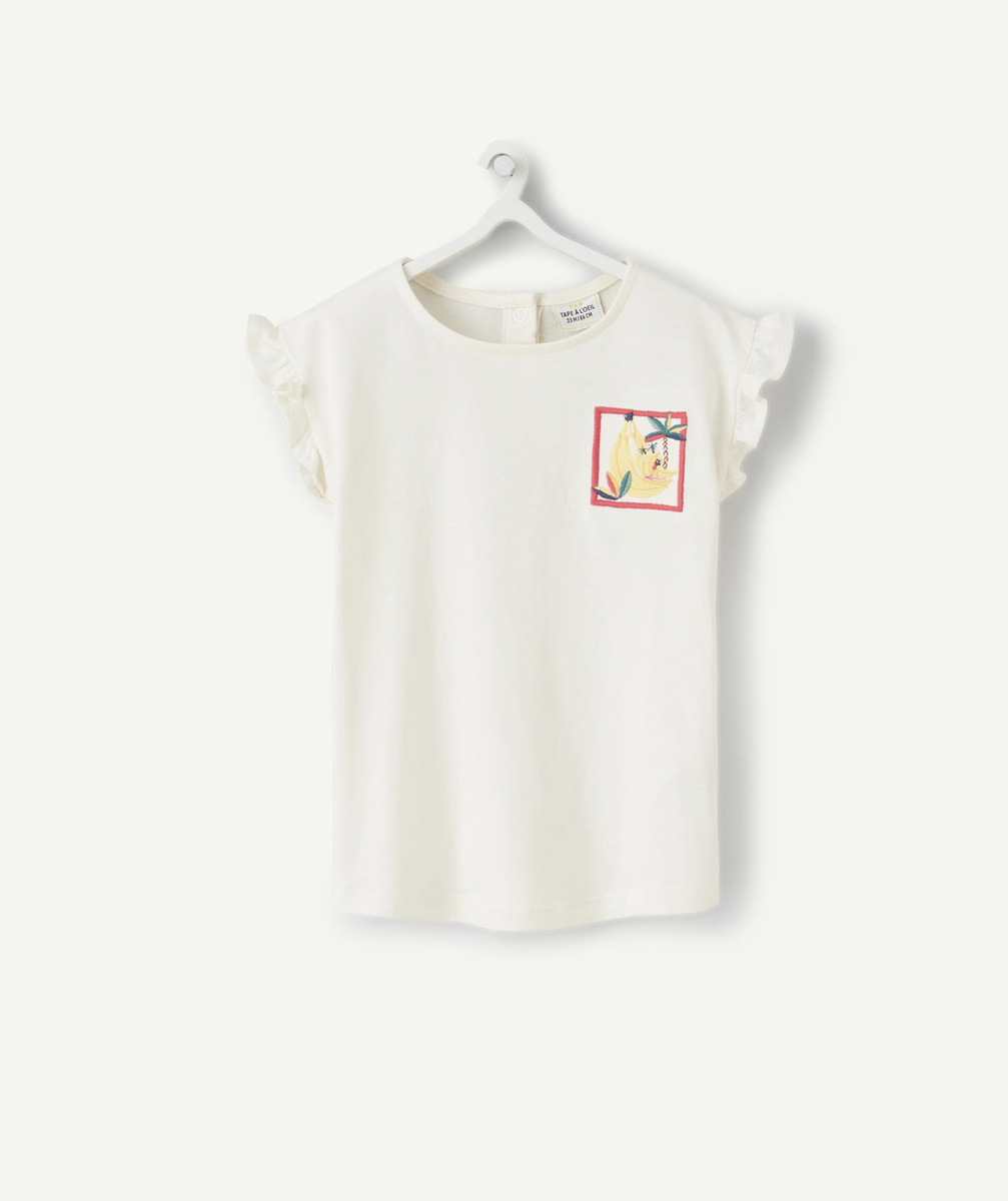 T-SHIRT ANTI-UV BÉBÉ FILLE EN COTON BIO ÉCRU AVEC BRODERIE ET VOLANTS