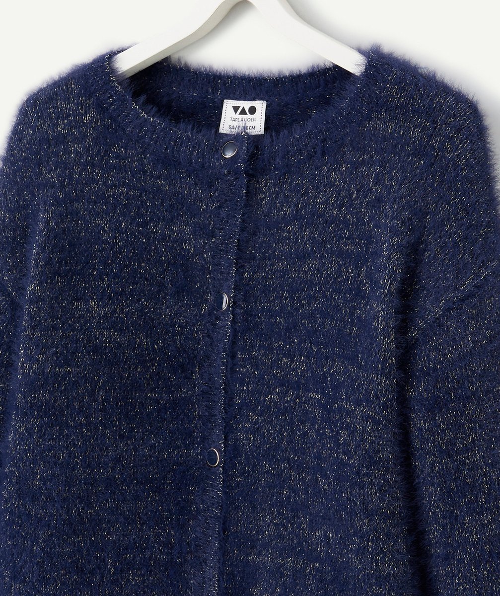 CARDIGAN POILU FILLE BLEU MARINE AUX EFFETS PAILLETÉS DORÉS