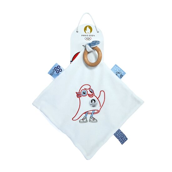 Mascotte Officielle JO 2024 Doudou plat avec anneau en bois   Blanc        de               Doudou et Compagnie