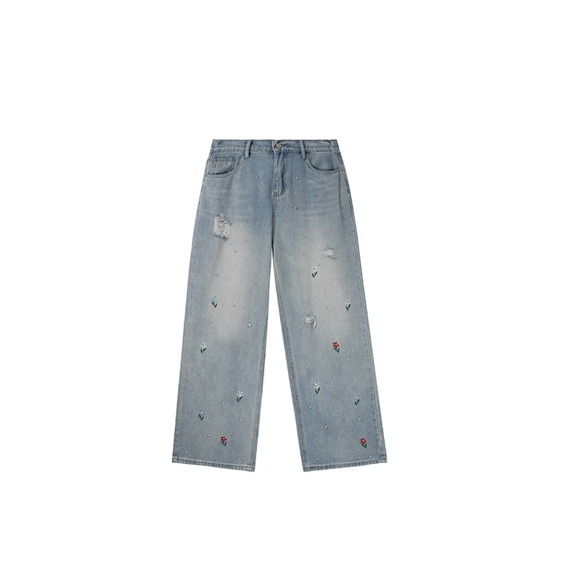 Ashteroid - Hoge taille, bloemenborduursel, gewassen gescheurde wijde pijpen jeans