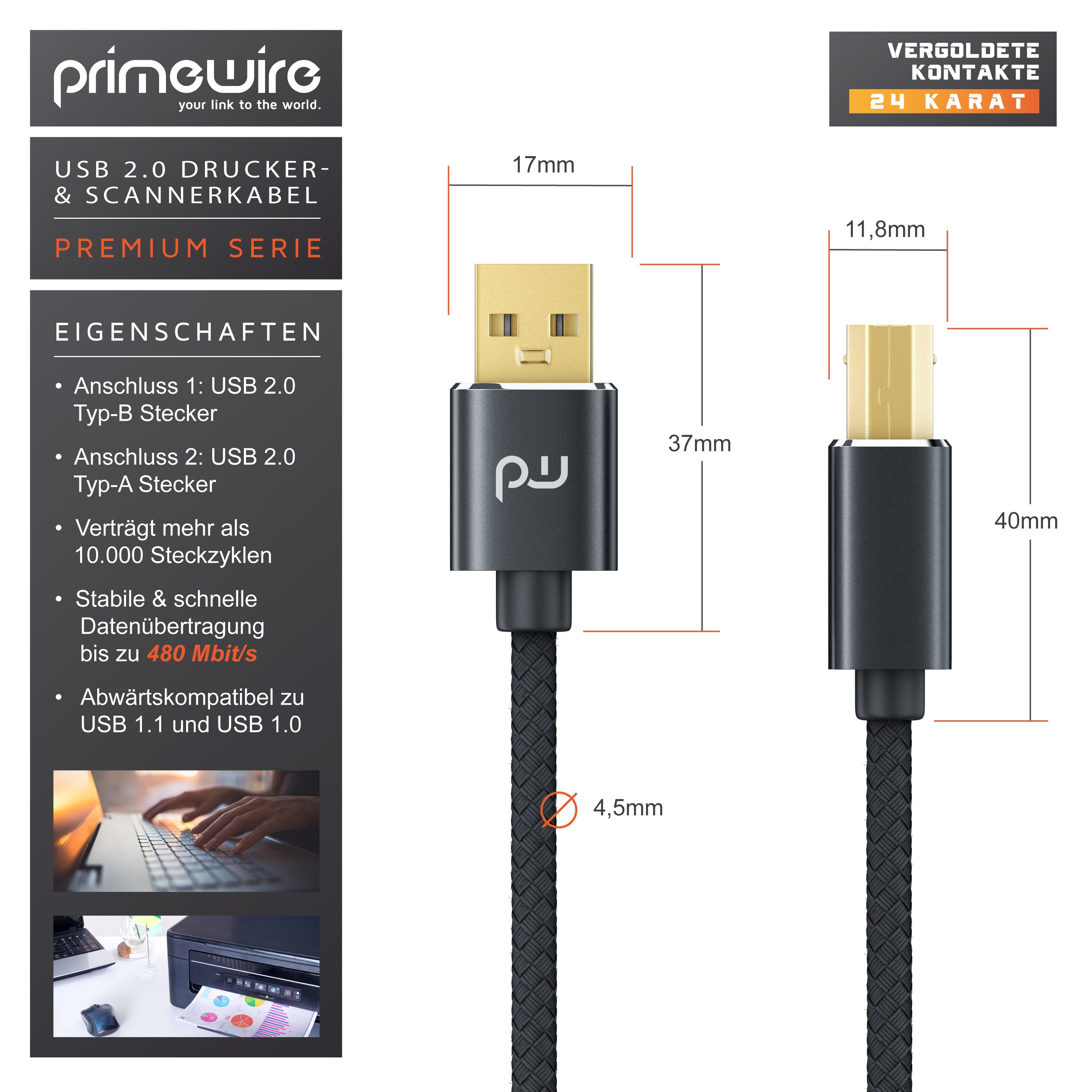 Primewire USB 2.0 Drucker / Scanner Kabel mit Nylonmantel - 2m