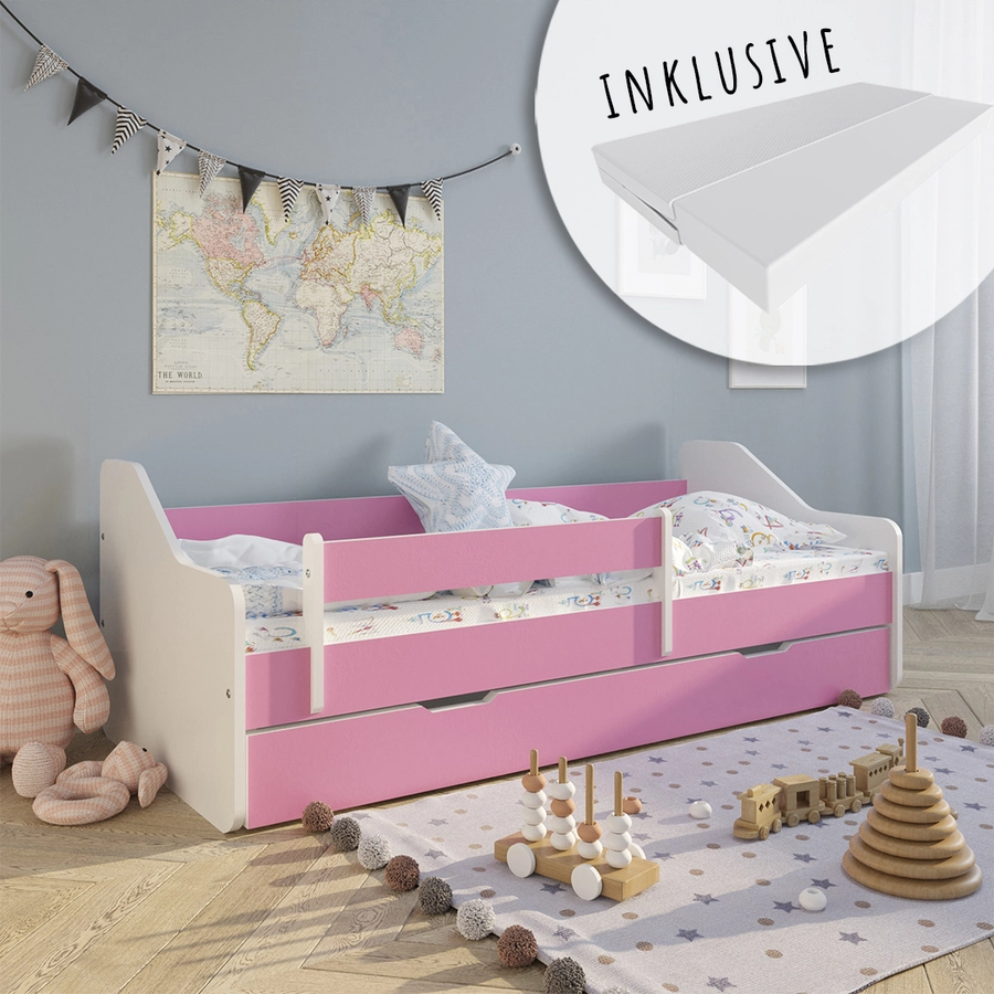 Kids Collective Kinderbett 80x160 | 80x180 cm mit Rausfallschutz & Lattenrost pink mit Schubl. und Matratze