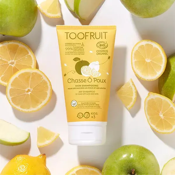 Shampoo infantil Toofruit para eliminação de piolhos, maçã e limão orgânicos, 150ml