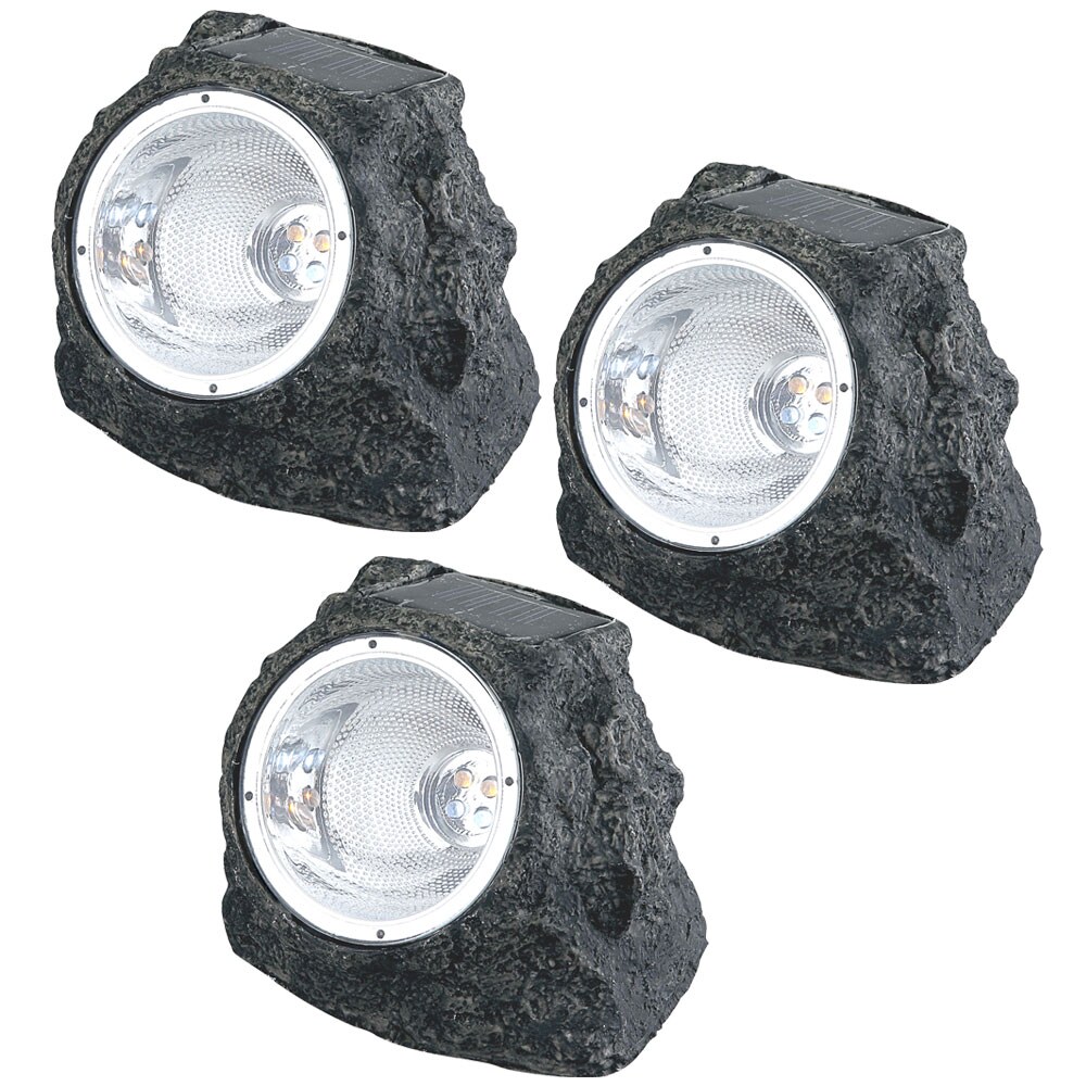 3er Set LED Solarleuchte, Stein, grau, H 10,5 cm