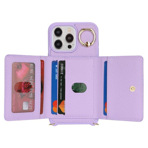 iPhone 13 Pro Necklace Leder Hülle mit Münzfach und Kartenfächer   Finger Griff Halterung   Handykette - Lila