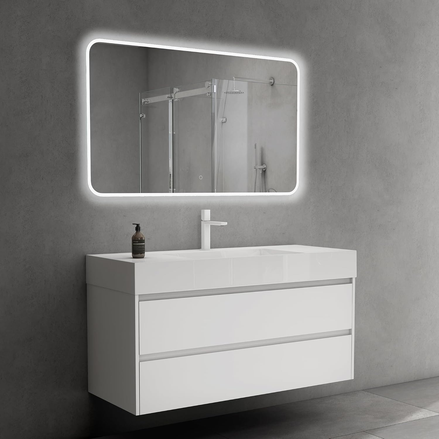 doporro Badmöbel Set mit Waschtisch Badezimmer Unterschrank Wandmontage Waschbeckenunterschrank Matt Weiß 120x48x63cm inkl. Waschbecken aus Mineralguss und LED-Badpiegel Deep