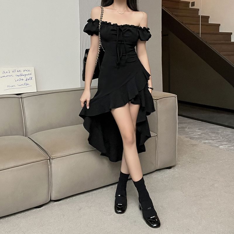 Rustie - A-lijn jurk met korte mouwen en off-shoulder, effen ruches