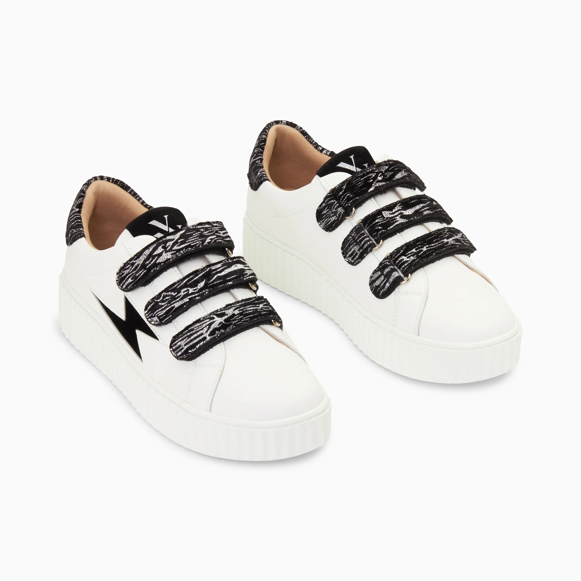 Sneakers-Baskets éclair Ingrid blanc et noir zébré à scratchs