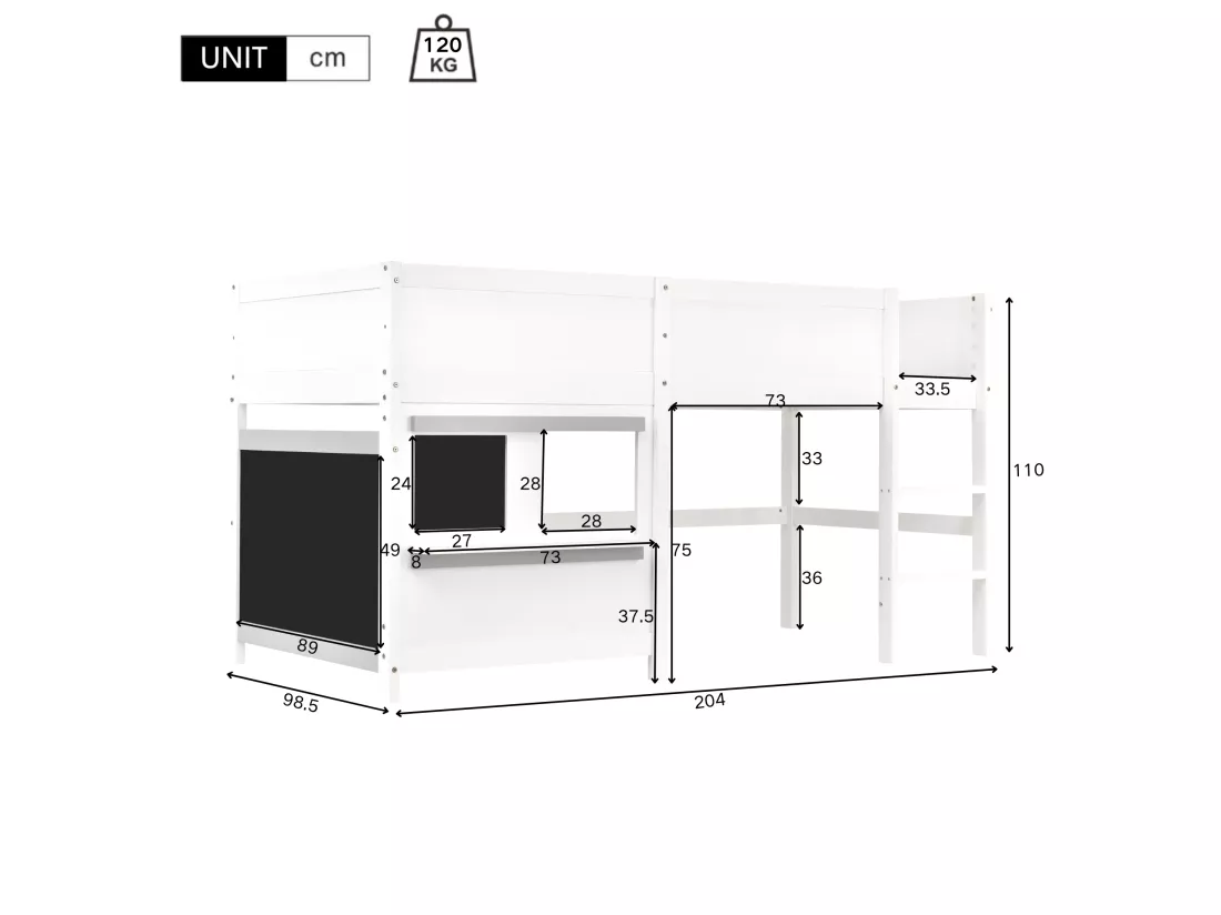 Lit mezzanine 90x200cm - avec 2 panneaux de graffitis - Blanc