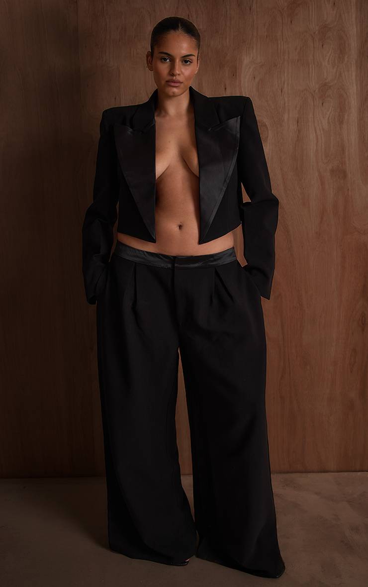 Noir Pantalon Large Taille Haute En Satin Plt Label Plus
