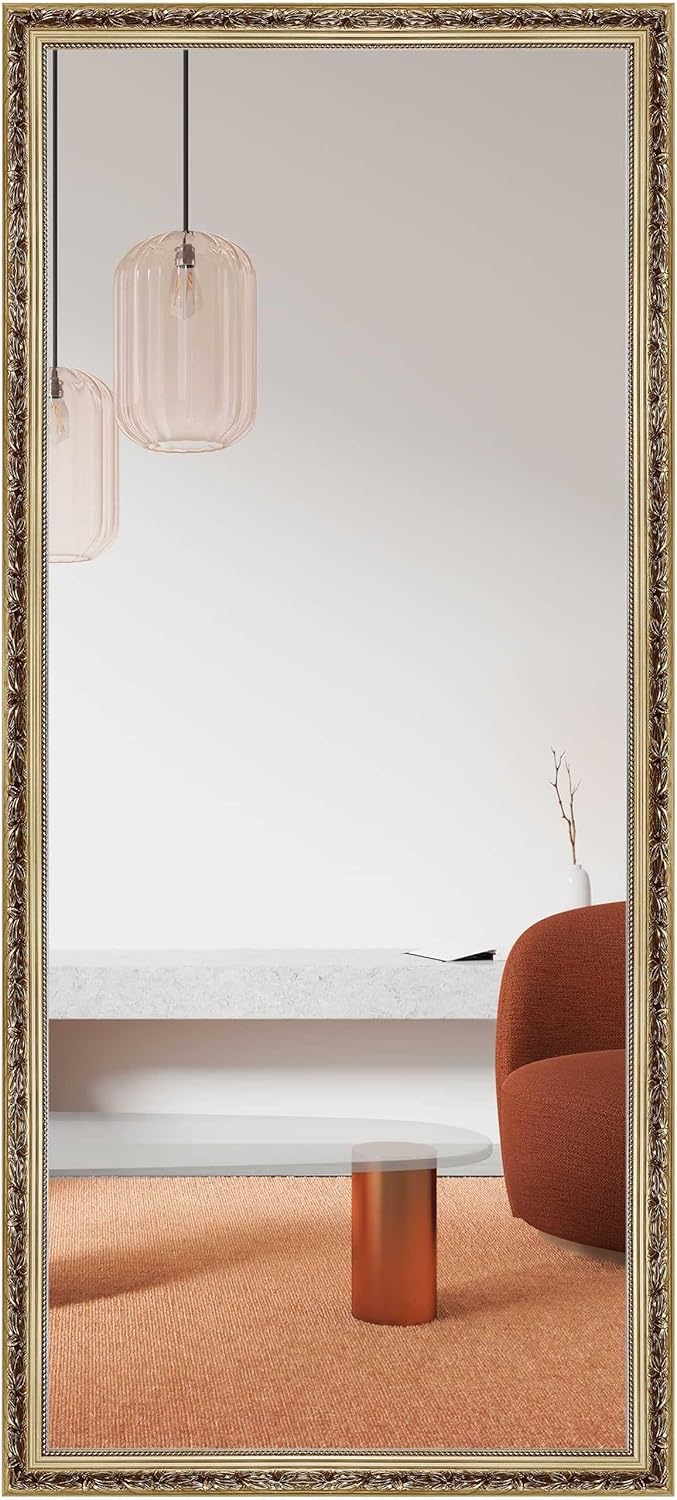 Wandspiegel, 70 x 170 cm, Holz, Gold Glanz, Ganzkörperspiegel für alle Wohnbereiche, Hoch- & Querformat, anpassbare Aufhänger, Francesca