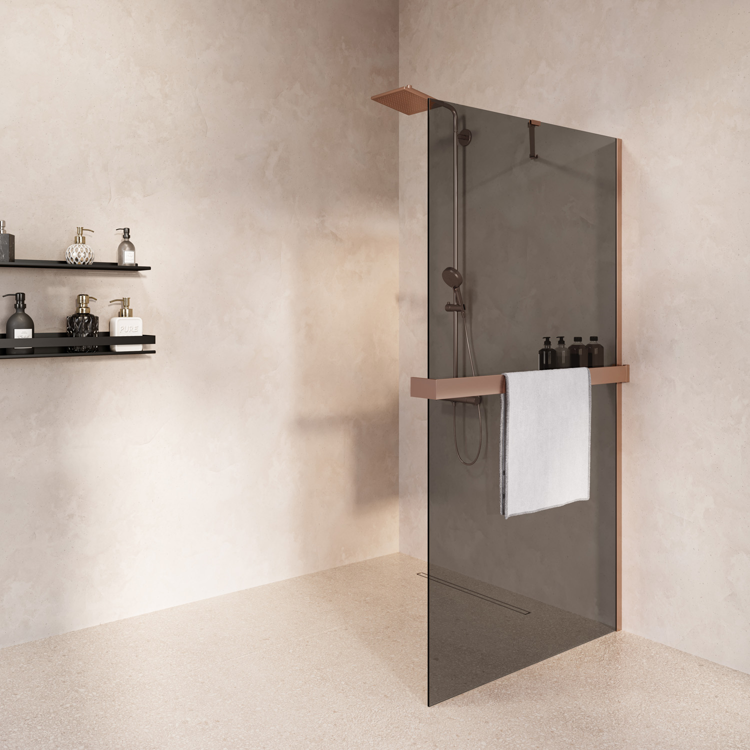 Saniclear Oblique inloopdouche 120cm met handdoekhouder en rookglas geborsteld koper