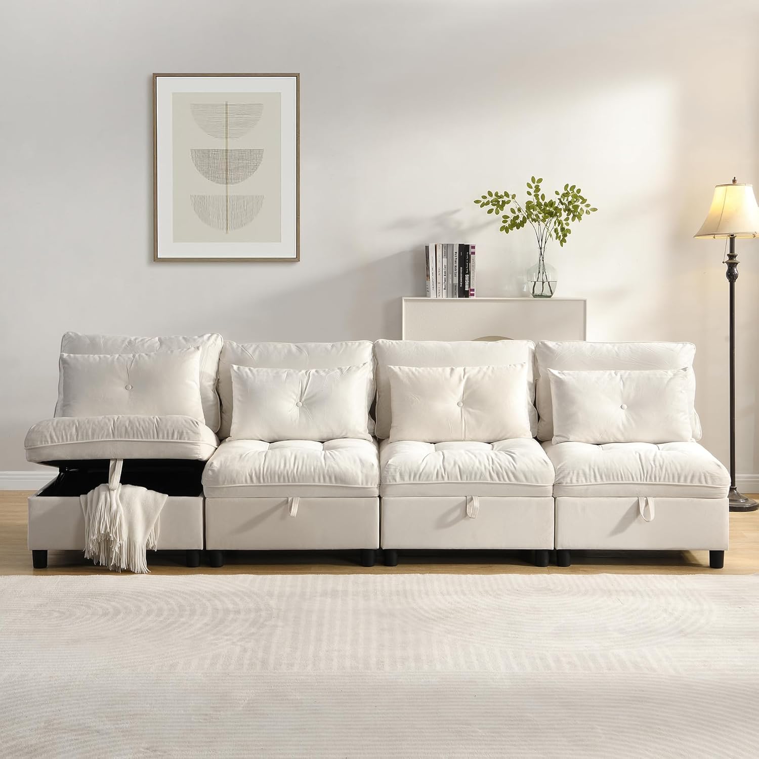 Cloud Modulares Sofa 4-Sitzer Modulares, zerlegbares Sofa-Set: Frei konfigurierbar + Stauraum unter Allen Kissen + Schlaffunktion + Chenille-Stoff (Beige)