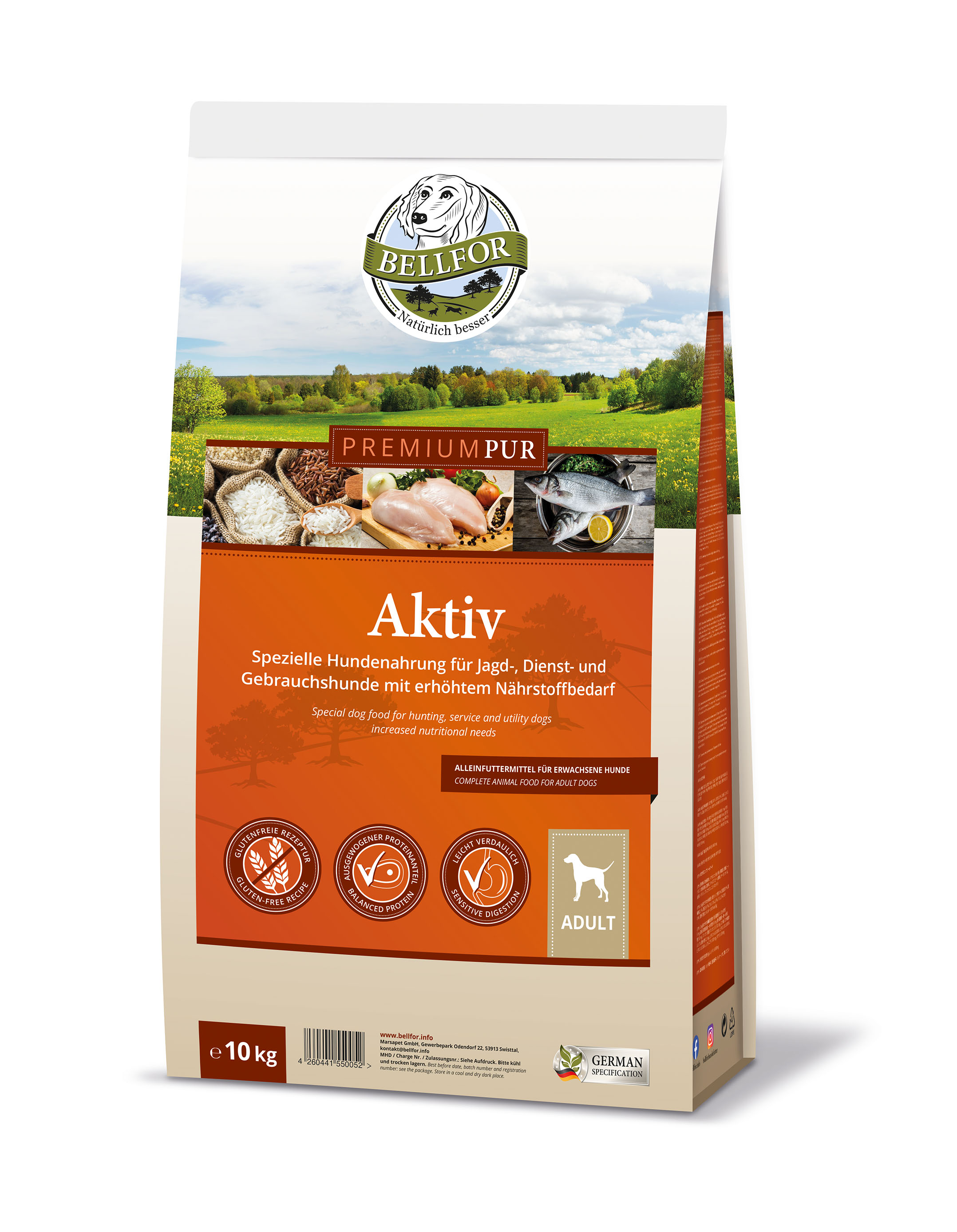 Nourriture pour chiens sans gluten avec poulet et poisson de mer - premium pur aktiv - 10 kg