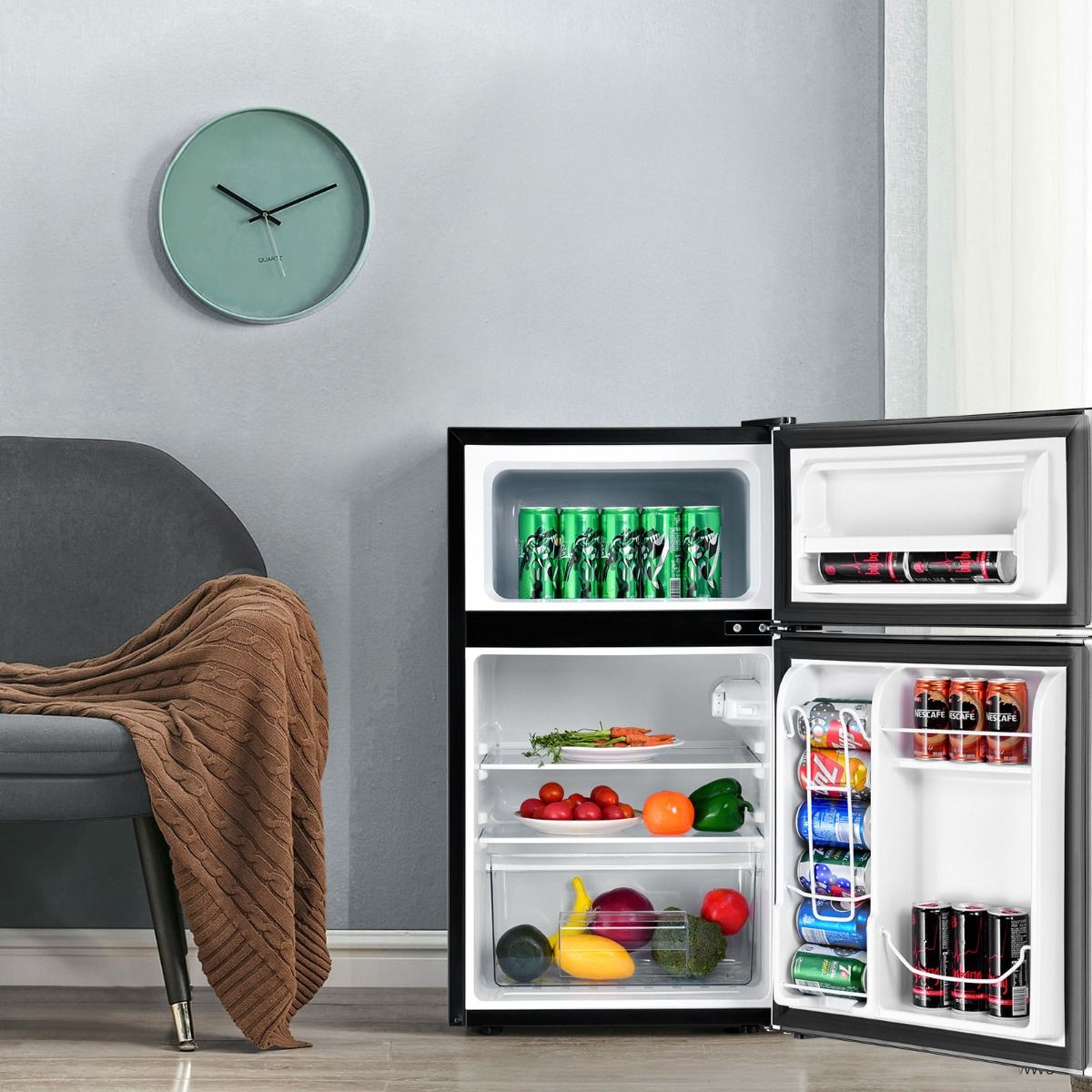 Réfrigérateur Compact Mini-réfrigérateur 90 L Congélateur Séparé avec Design à 2 Portes Fonctionnement Silencieux Blanc/Gris/Noir - Lidl-Manfred