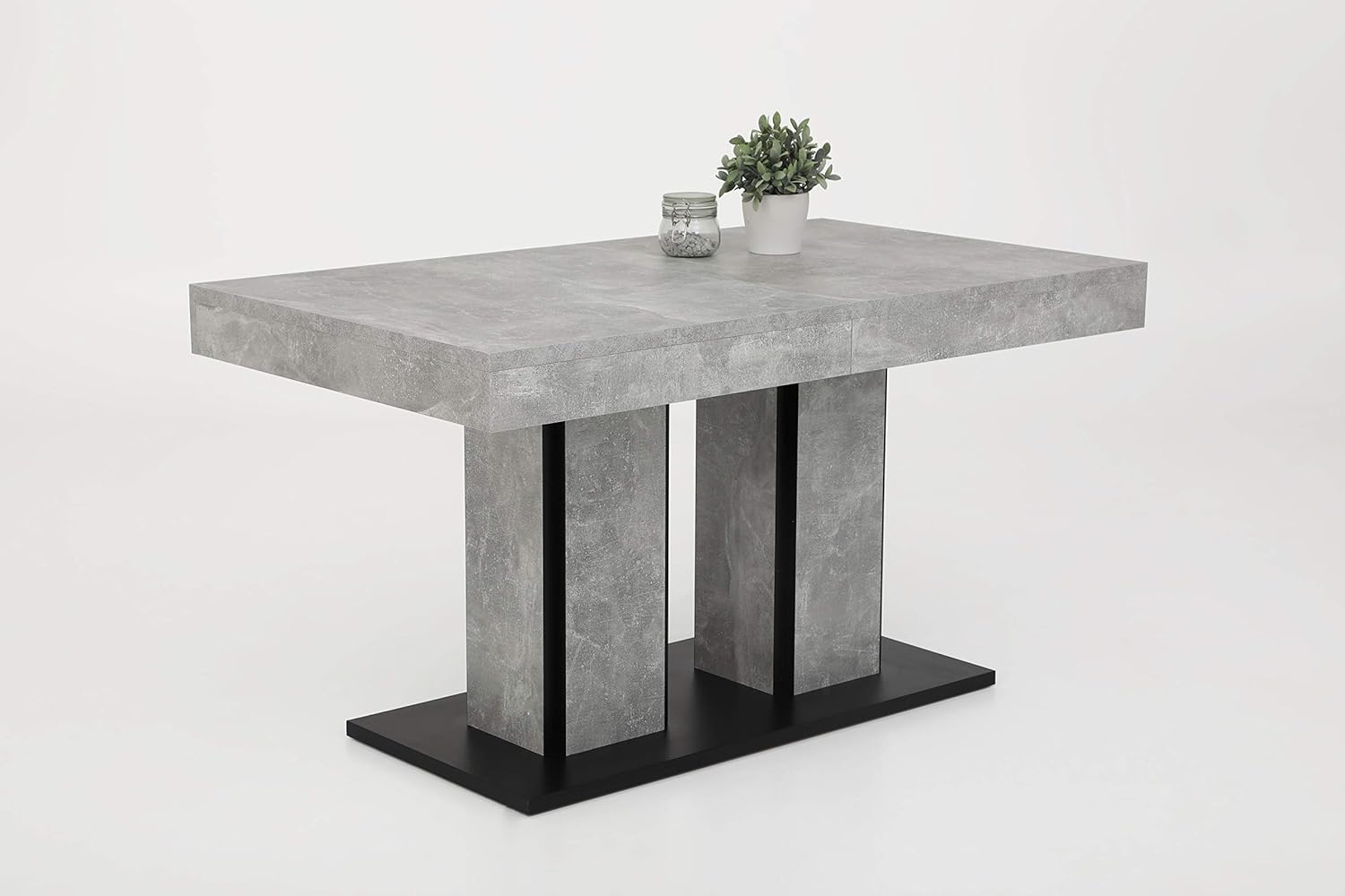 Hela Tische, Esstisch Säulentisch Rose, Holzwerkstoff meleminbeschichtet, Betonoptik,zwei Säulenfüße und Bodenplatte, ausziehbar 140-180x80cm