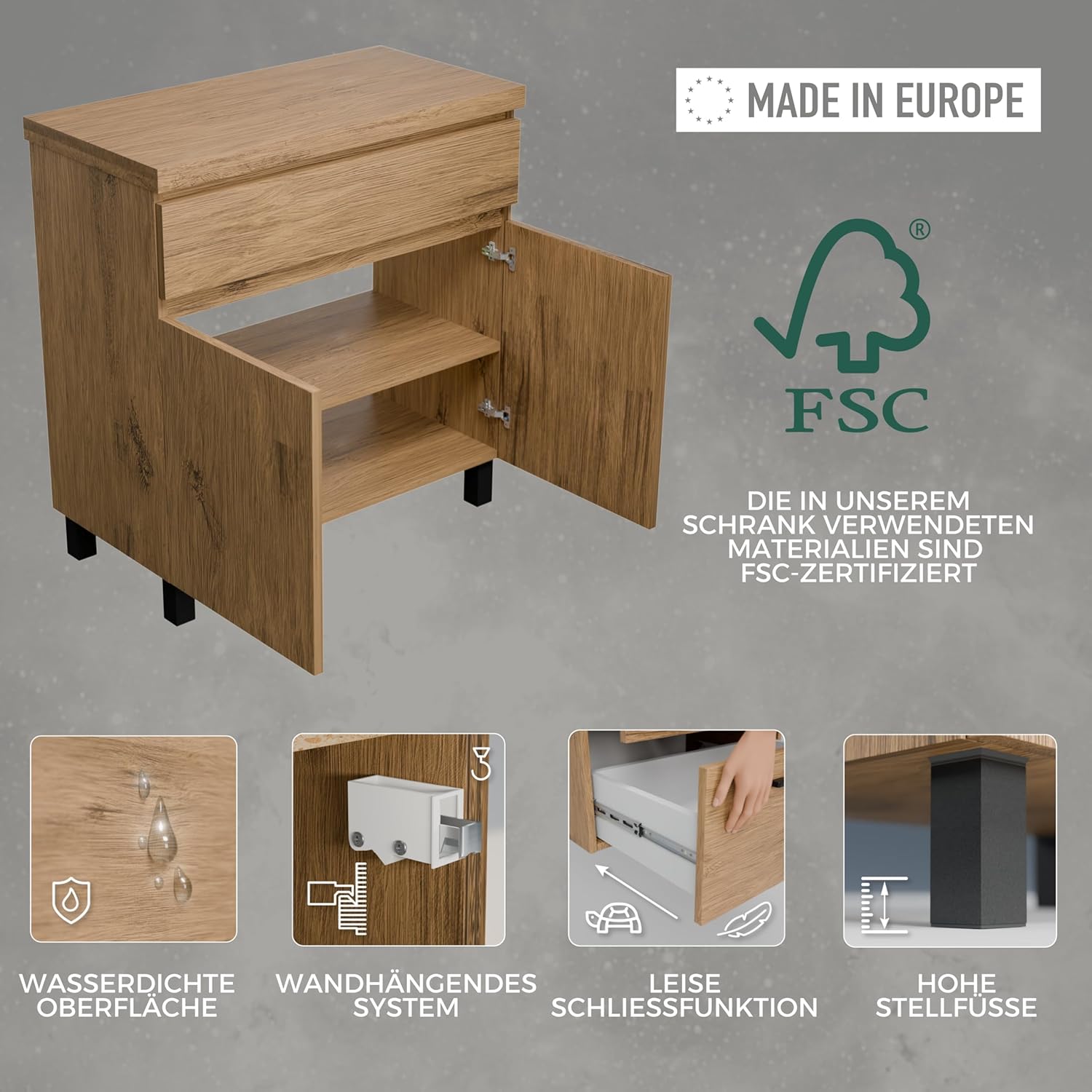 Waschbeckenunterschrank Ariza TOP 80 cm Breite, ohne Waschbecken, Unterschrank mit Schublade, Hängend oder Stehend, für Aufsatzwaschbecken - Holz/Eiche Lancelot