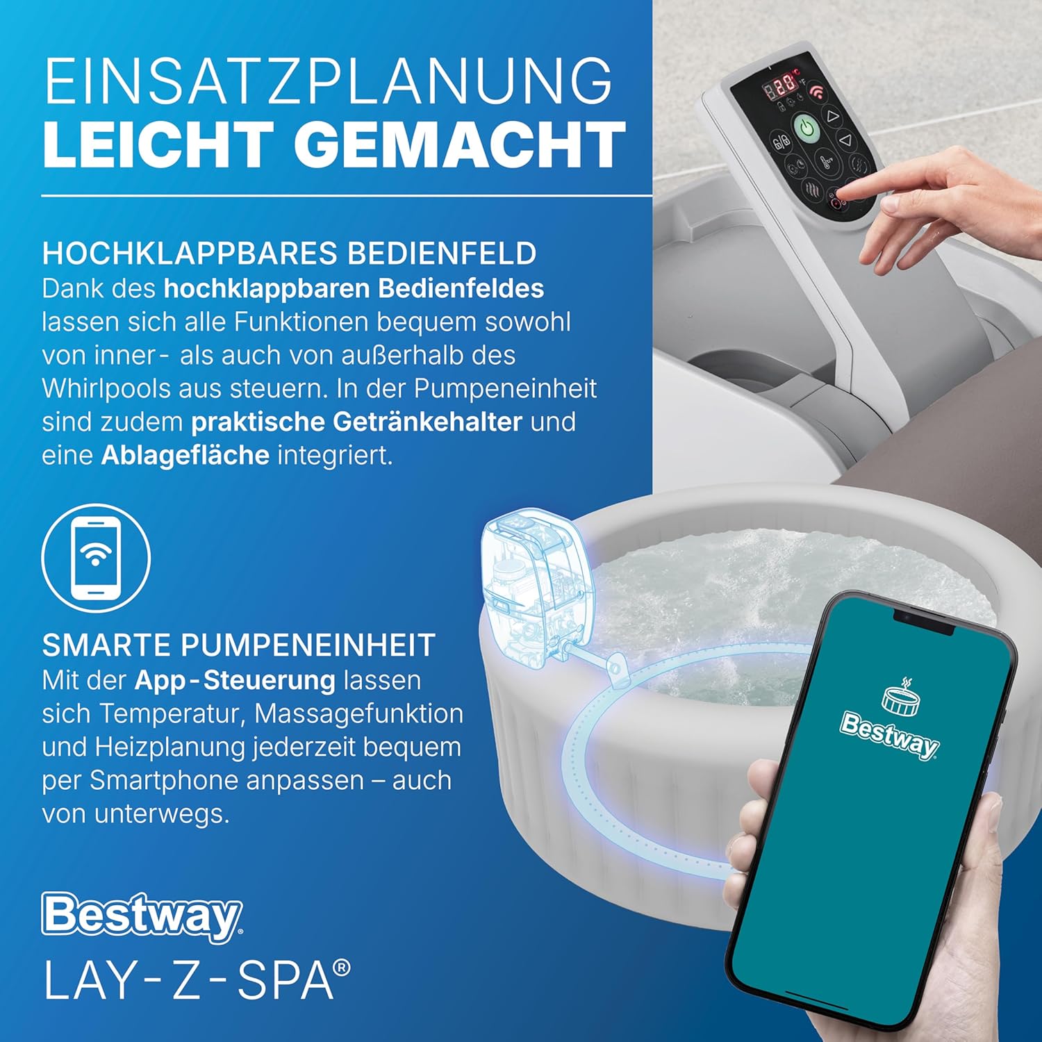 Bestway® Lay-Z-SPA® Energiespar-Whirlpool Dominica HydroJet™ mit App-Steuerung, für 6 Personen Ø 196 x 71 cm, Urbanbraun