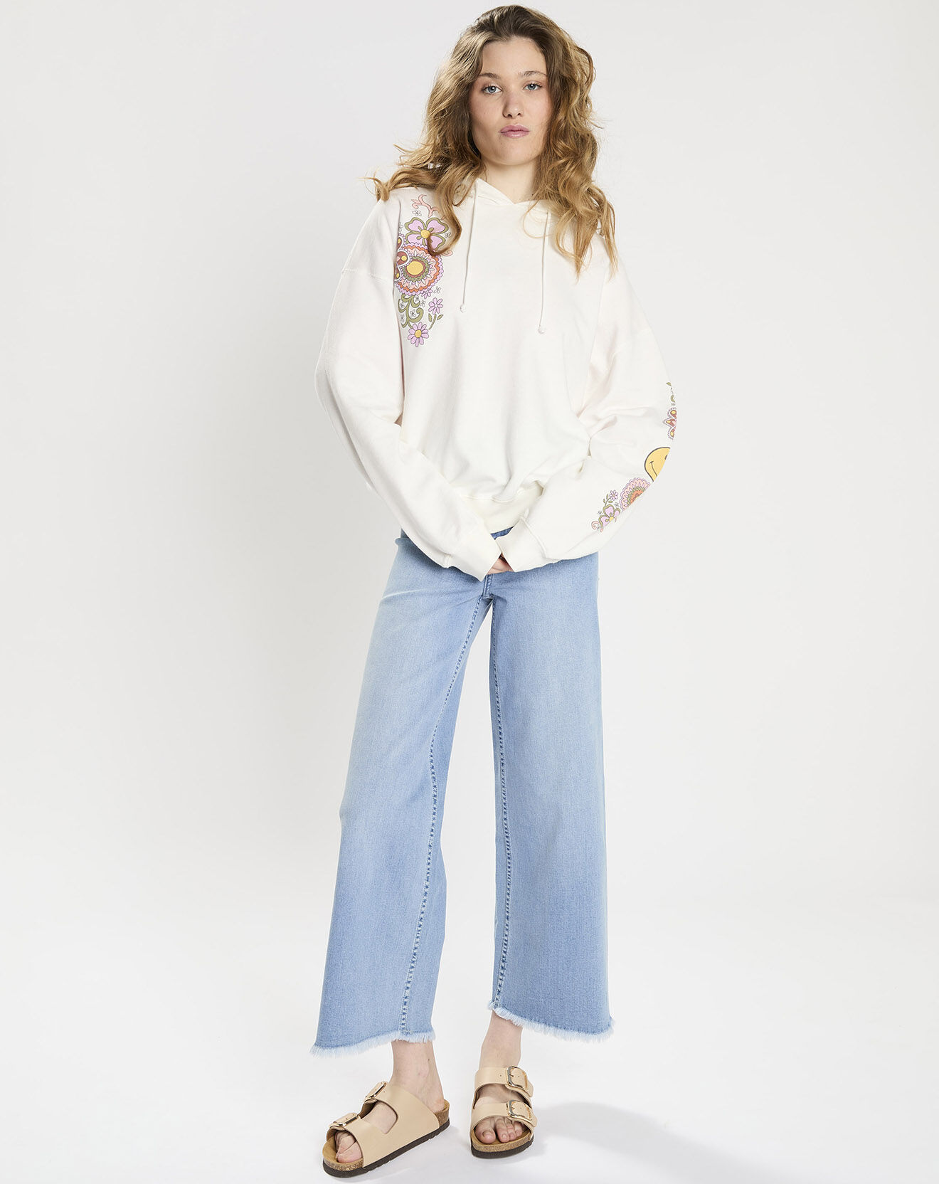 Billabong Sweat à capuche oversize 100% Coton Bio imprimé Smiles blanc