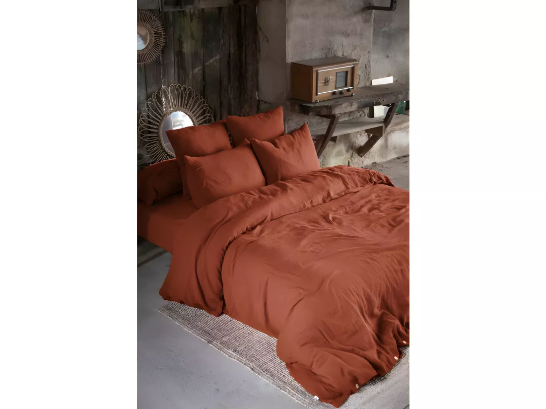 Parure de draps Gaze de Coton - Gaïa Terracotta - 4 pièces 1 Drap plat 270 x 300 + 1 Drap housse 180 x 200 + 2 Taies 60 x 60