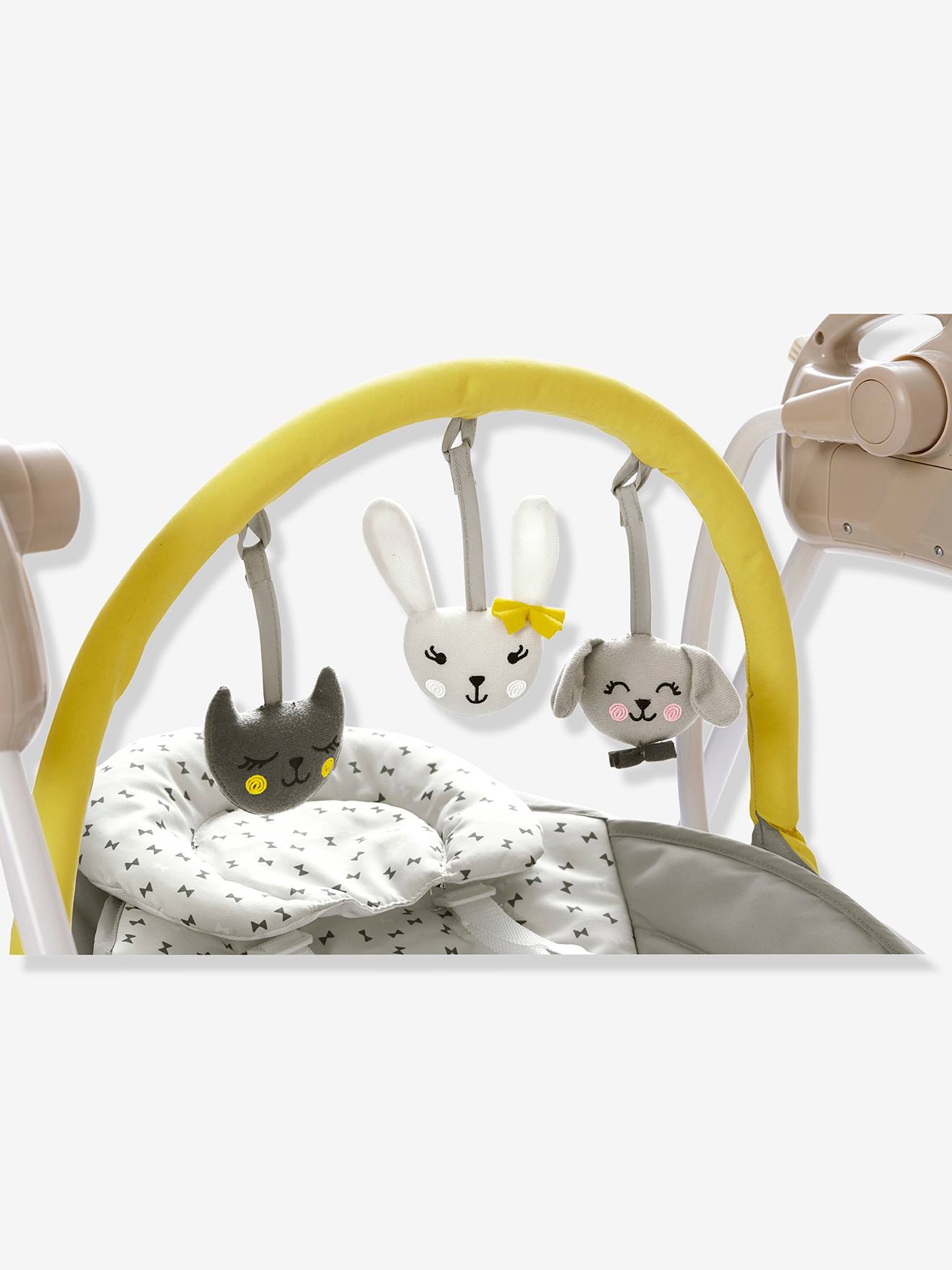 Cadeira de balanço Babyswing VERTBAUDET com arco de atividades, estampa cinza