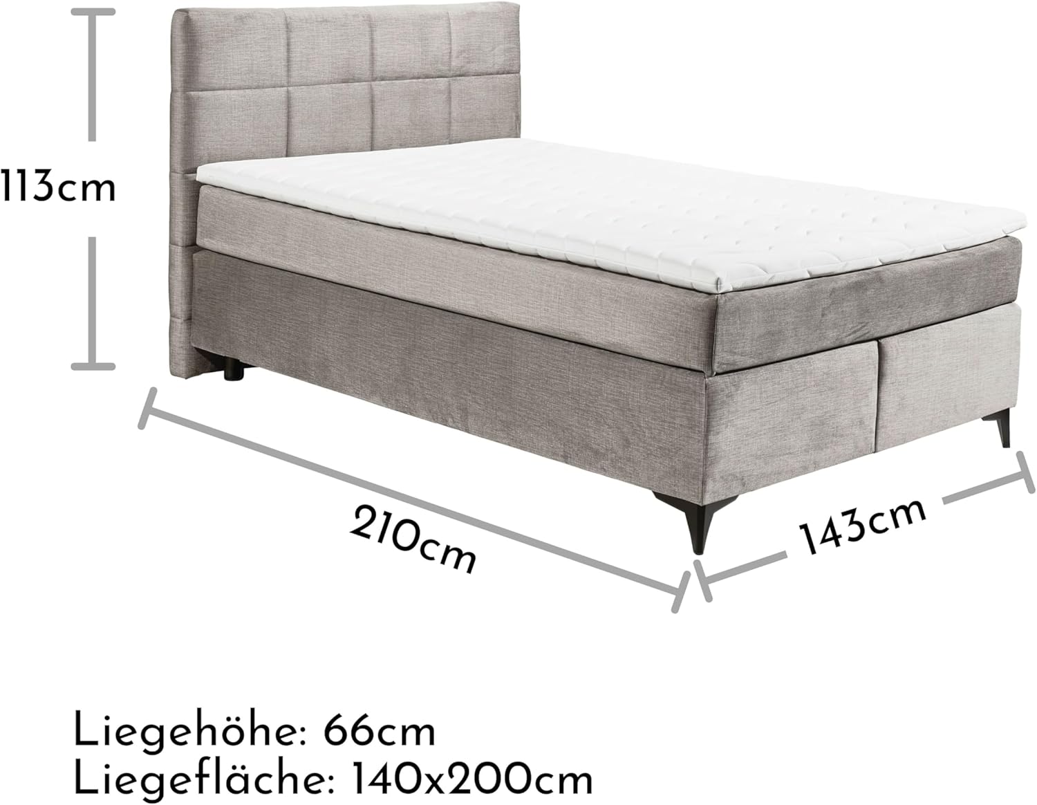 Stella Trading NAVARRA 6 Boxspringbett 140x200, Silber - Bequemes Doppelbett mit 7-Zonen-Federkern Matratze & Kaltschaum Topper - 143 x 113 x 210 cm (B/H/T)