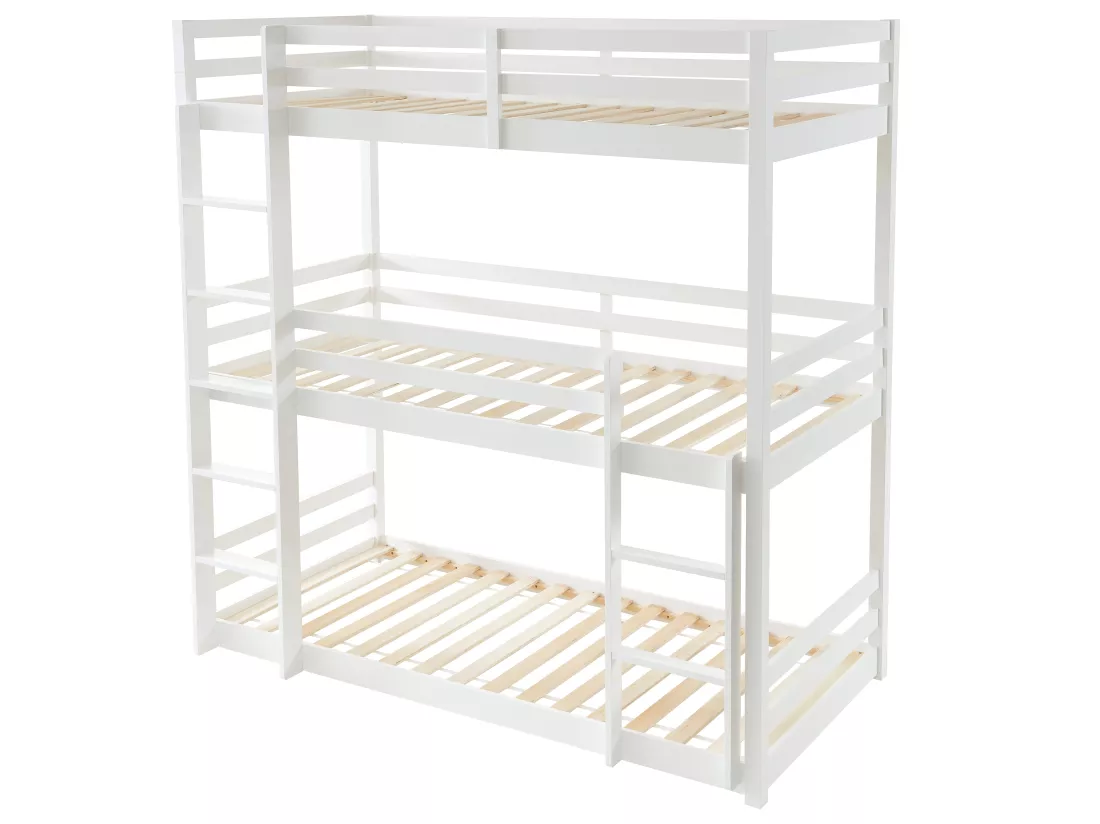 Lits superposés triple - 3 x 90 x 200 cm - Pin - Blanc + matelas - VAGAR