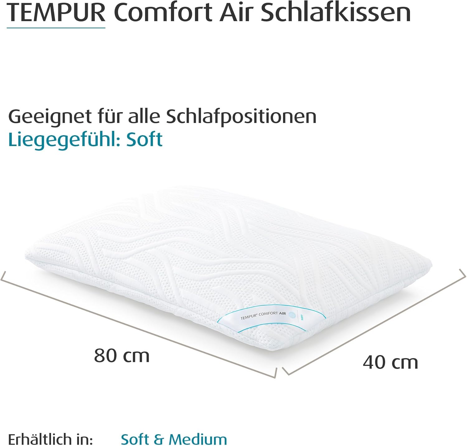 TEMPUR Comfort Air Soft Schlafkissen, atmungsaktives Kopfkissen für jede Schlafposition, OEKO-TEX MADE IN GREEN, Liegegefühl weich, 40 x 80 cm