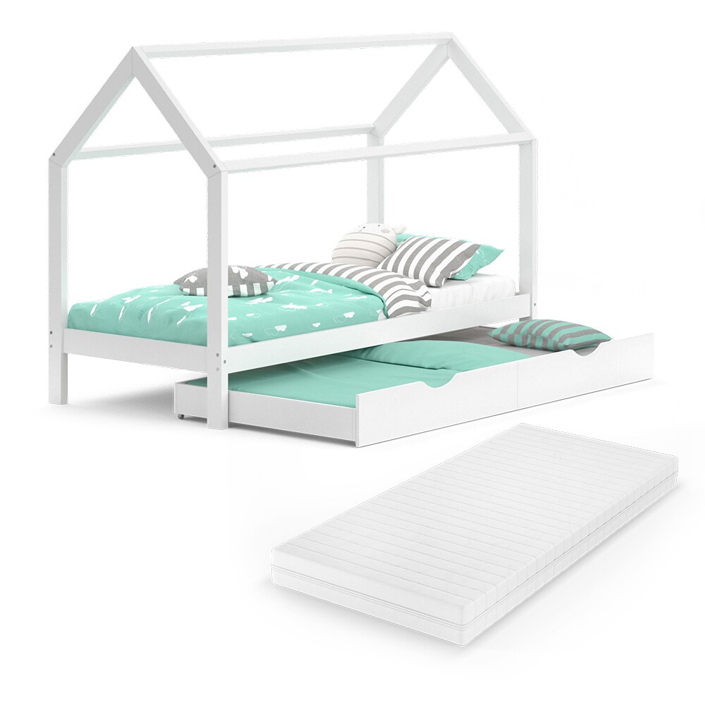 VitaliSpa Kinderbett Hausbett Gästebett Wiki Weiß 90x200cm Schublade Matratze