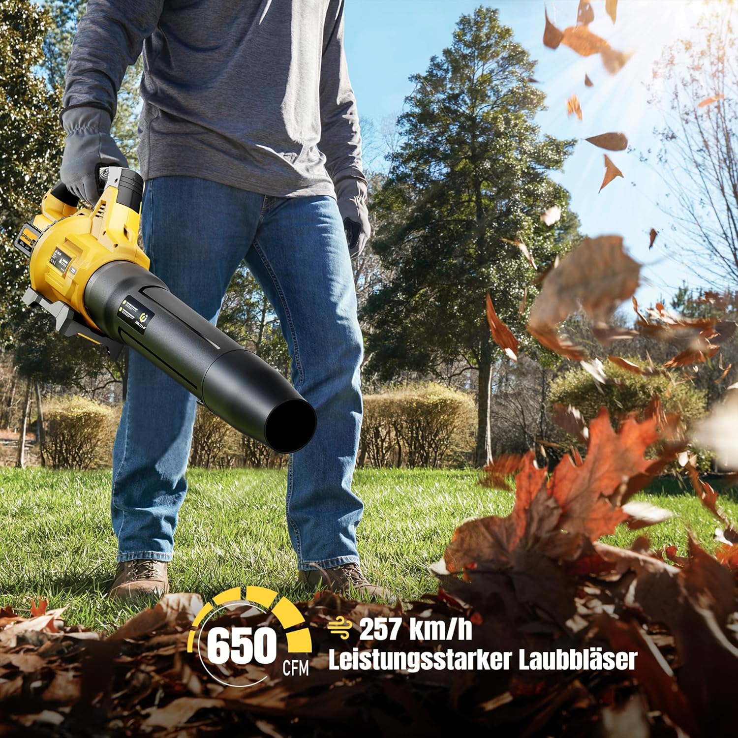 GEVEELIFE Akku-Laubbläser, 18V 257 km/h Elektrischer Laubbläser mit 3-Gang & 2x5,2Ah Akkus –Kabellos laubbläser für für Garten, Laub,Staub & Schnee (Inklusive Batterie), Gelb