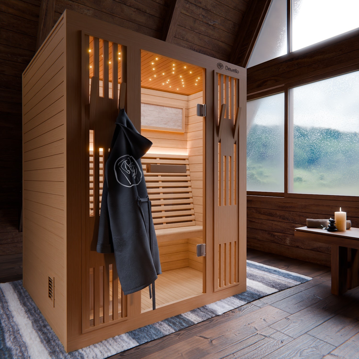 Dewello Finnische Sauna MINTO 150x130 Kabine aus Hemlock Tannenholz mit 4,5 kW Harvia Ofen, inkl Sauna Set