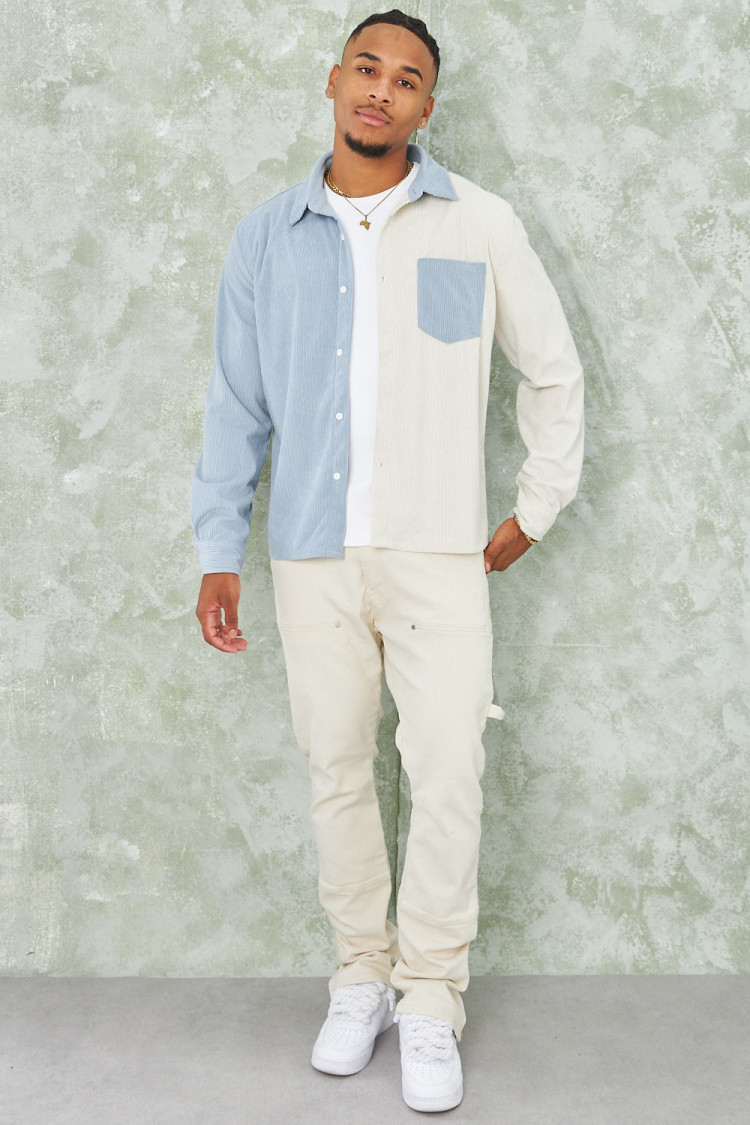 Chemise bicolore bleue et beige en velours côtelé