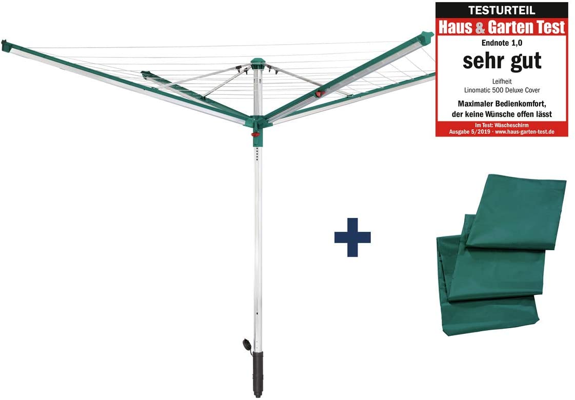 Leifheit Linomatic 500 Deluxe Cover droogmolen met lijnintreksysteem voor schone was, droogrek voor het hele gezin, droogrek inclusief bodemhuls en beschermhoes, 50m lijn voor 5 wasbeurten