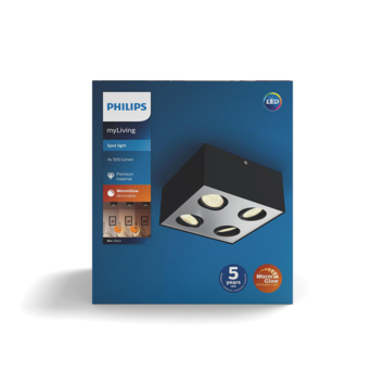 Philips opbpouwspot Box zwart - Incl 4X LED 4,5W WarmGlow dimbaar