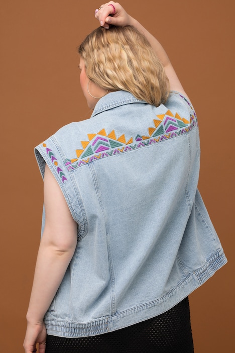 Jeansweste, oversized, Stickereien, teilelastischer Saum