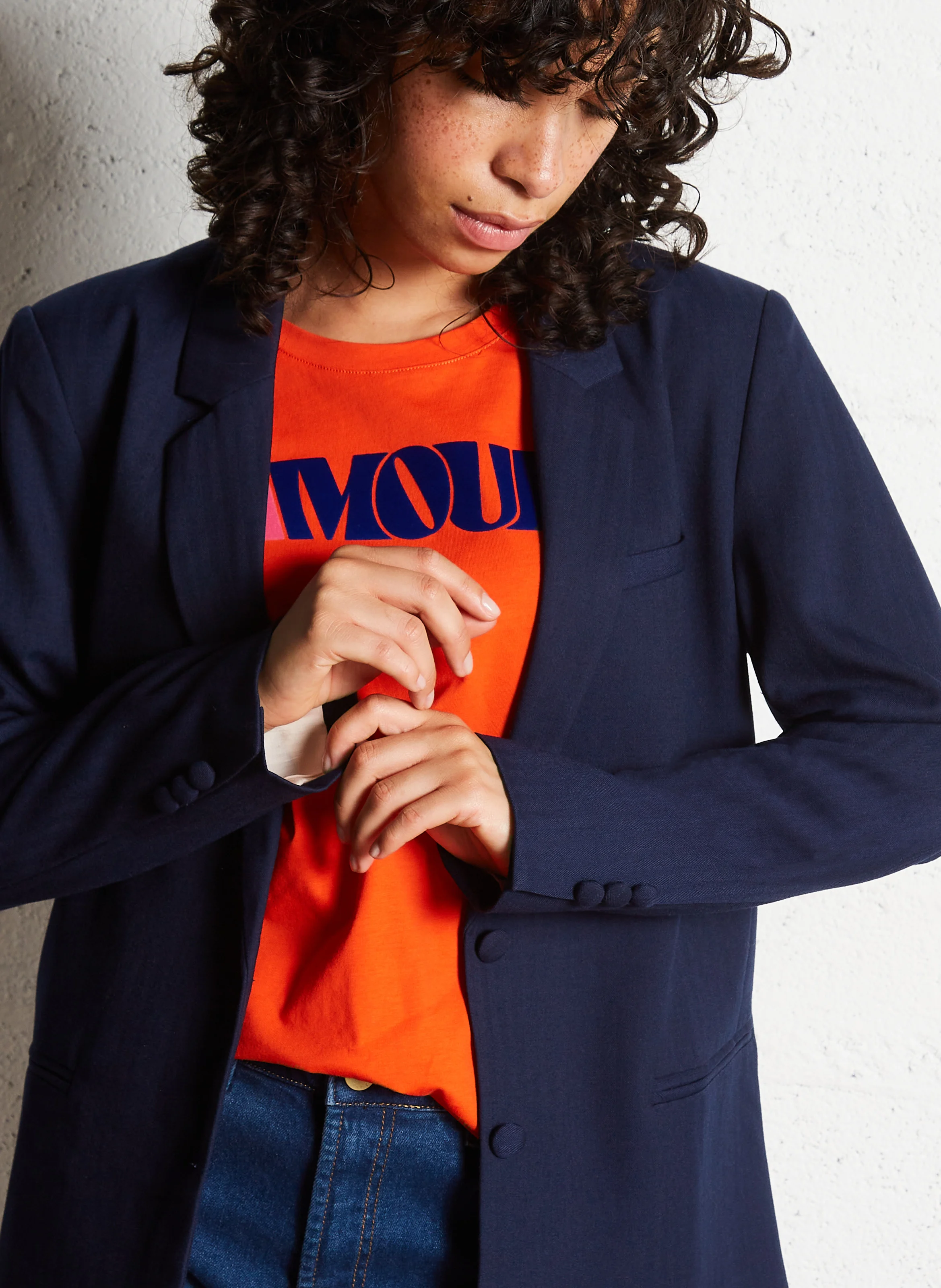 VOLIANE - Veste tailleur droite à carreaux | Bleu