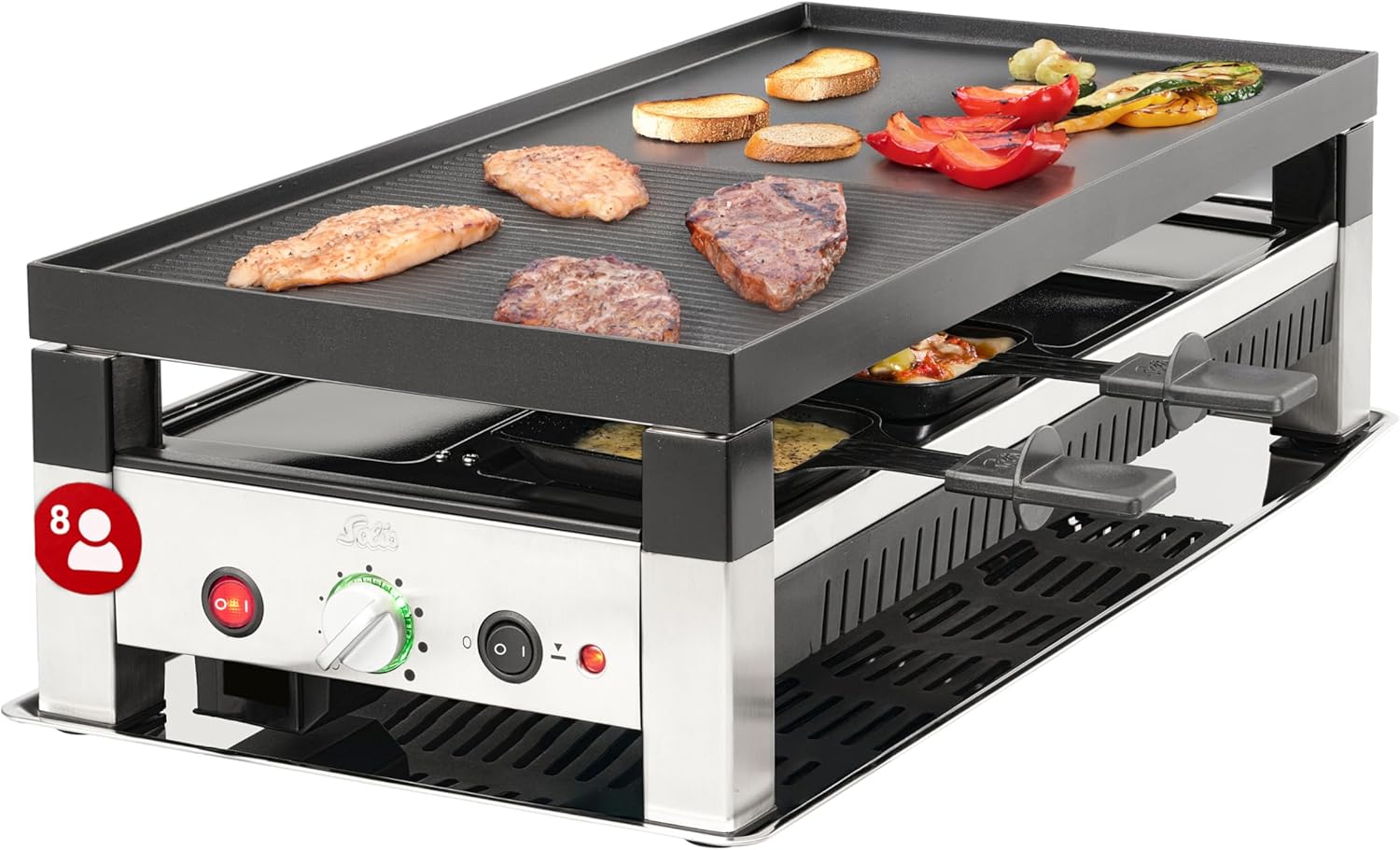 Solis Raclette Tischgrill 4-in-1 mit Grillplatte & Crêpe-Funktion – 1200W Ober- & Unterhitze, Antihaft, 8 Pfännchen, Mini-Pizza & Raclette Genuss für Familie & Freunde