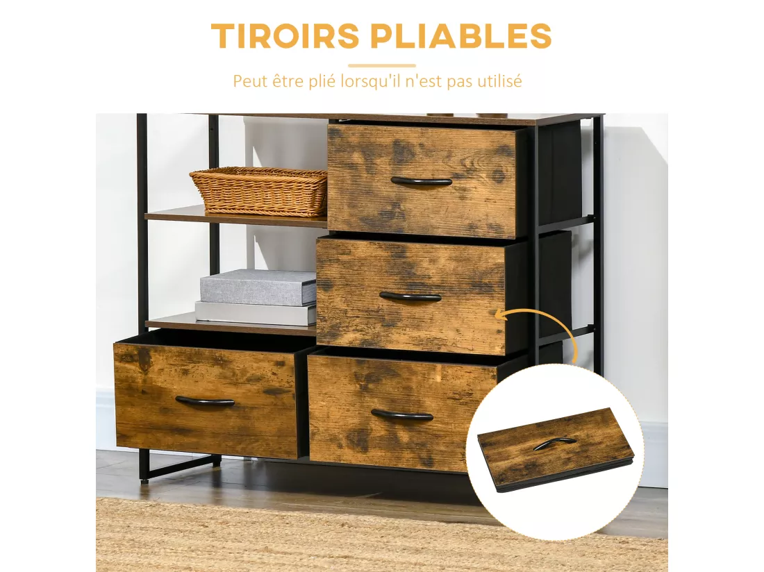 Buffet design industriel - 4 tiroirs, 2 niches, plateau - châssis acier noir MDF aspect bois avec veinage