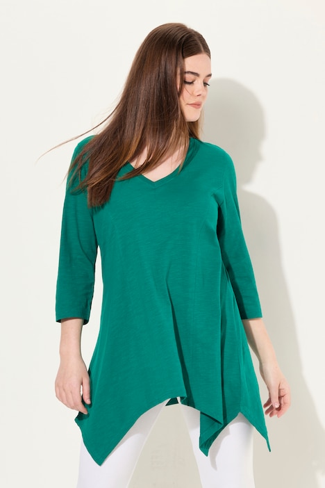 Shirt, Zipfelsaum, V-Ausschnitt, 3/4-Arm, Biobaumwolle