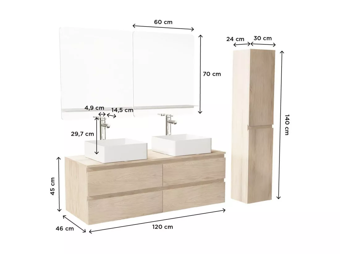 Ensemble meuble double vasque décor chêne 120 cm + 2 vasques + 2 miroirs + 2 robinets + colonne
