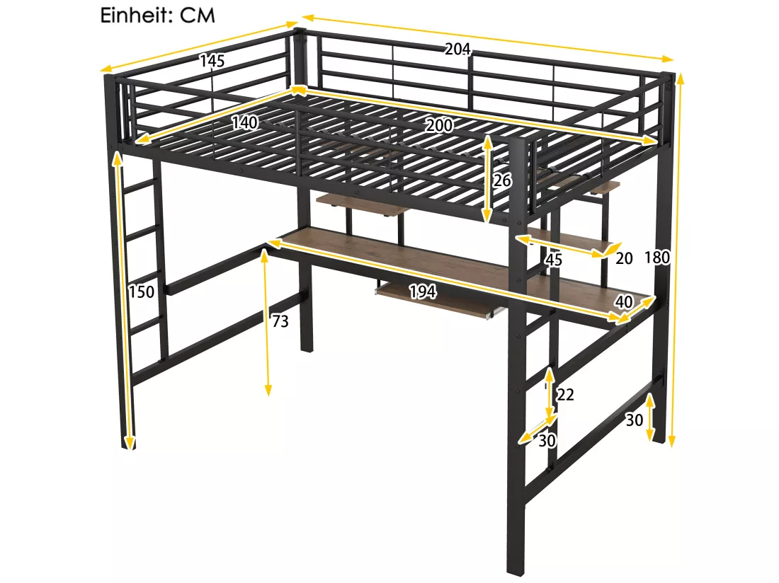 Lit mezzanine 140 x 200 cm - bureau et étagères - métal - noir