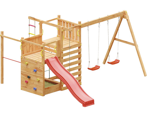 Marimex Play 021 speeltoren, hout en metaal, natuurlijke afwerking, inclusief basistoren, laddersporten, klimtouw, 2 schommelsets, glijbaan, klimwand, klimgrepen, platform en touwladder.