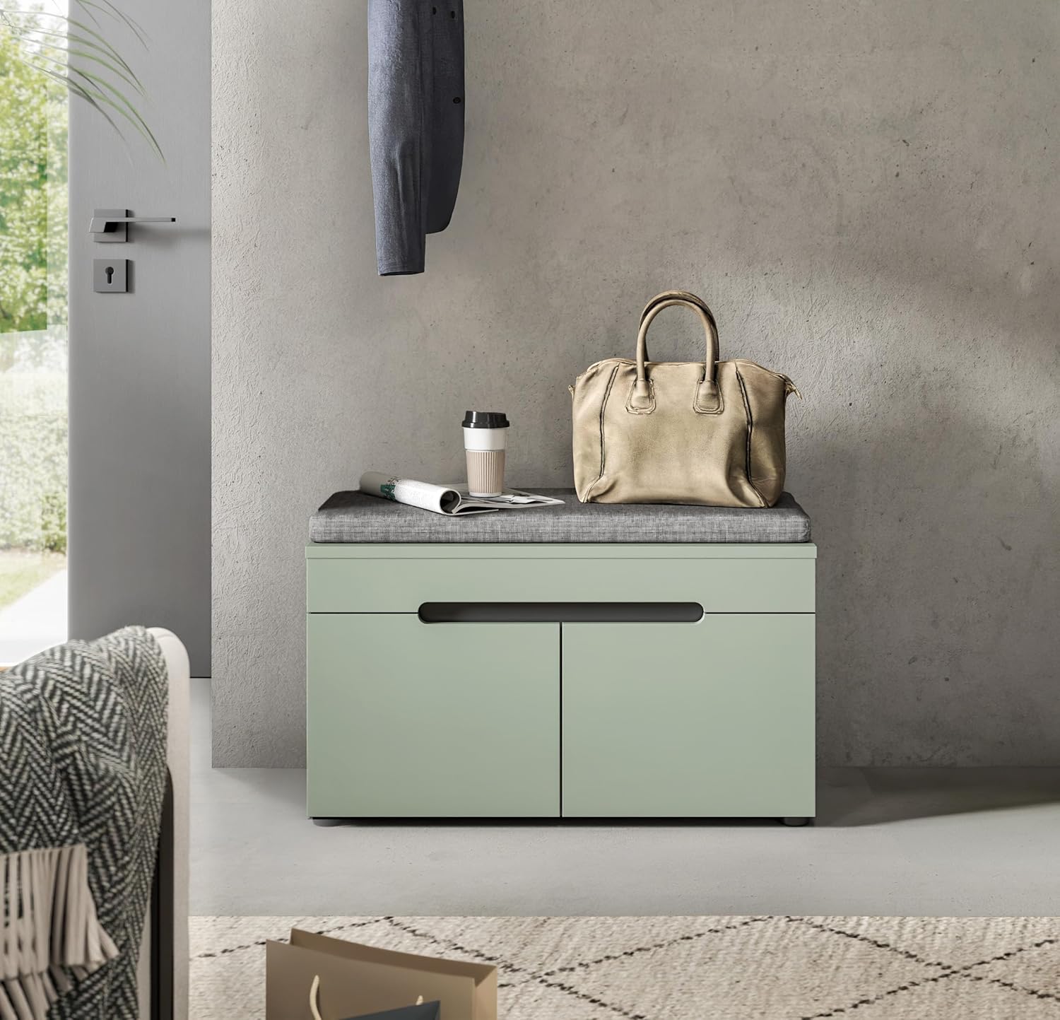 xonox.home - Sitzbank inkl. Sitzbank Canu 80x45x37cm in Korpus Basalt grau Nb., Front Smoke Green Nb. - Bank Garderobenbank Flurbank Truhe - modern & praktisch
